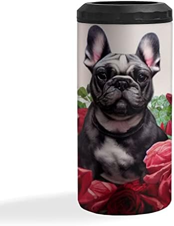 Siyah Fransız Bulldog Yalıtımlı İnce Kutu Soğutucu-Sevimli Kutu Soğutucu-Kırmızı Gül Yalıtımlı İnce Kutu Soğutucu
