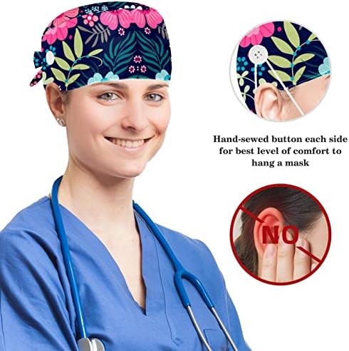 yoyoAmoy Çiçekli Ekose Kadın Düğmeli ve Ter Bantlı Çalışma Kapakları, Ayarlanabilir Cerrahi Başlık