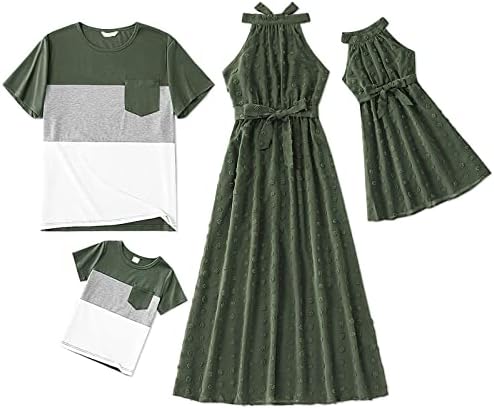 PATPAT Aile Eşleştirme Çarpıntı Kollu Ekleme Çiçek Baskı Elbiseler ve Kısa Kollu Colorblock T-Shirt Setleri