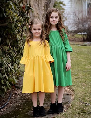 Arshiner Kızlar 3/4 Çan Kollu Elbise Ekip Boyun Düz Renk Bir Çizgi Tunik Elbiseler Cepler ile 4-13 Yıl