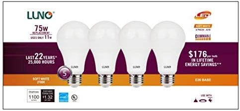 LUNO A19 Kısılabilir LED Ampul, 11W (75W Eşdeğeri), 1100 Lümen, 2700K (Yumuşak Beyaz), Orta Taban (E26), UL ve enerji
