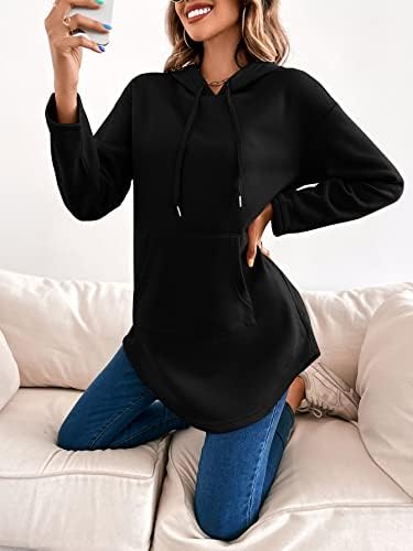 SweatyRocks kadın Katı Uzun Kollu İpli Hoodie Casual Asimetrik Hem Kazak Tunik Üst cepli