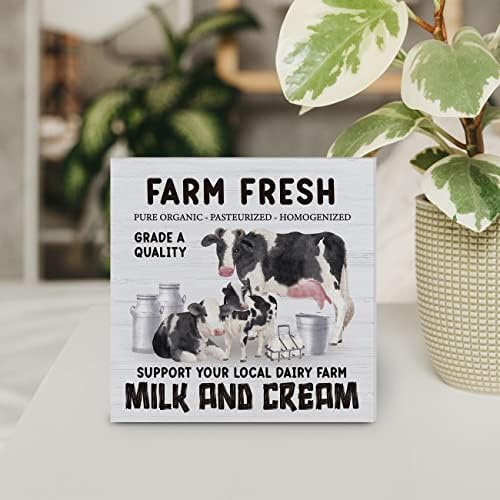 Çiftlik Evi Süt İnekleri Ahşap kutu işareti Dekor Masa İşareti Çiftlik Taze Süt ve Krema İnek Ahşap Kutu Blok İşareti