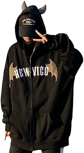Kadınlar Gotik Şeytan Boynuz Hoodie Y2k Büyük Boy Vintage fermuarlı kapüşonlu svetşört Harajuku Kazak Ceket