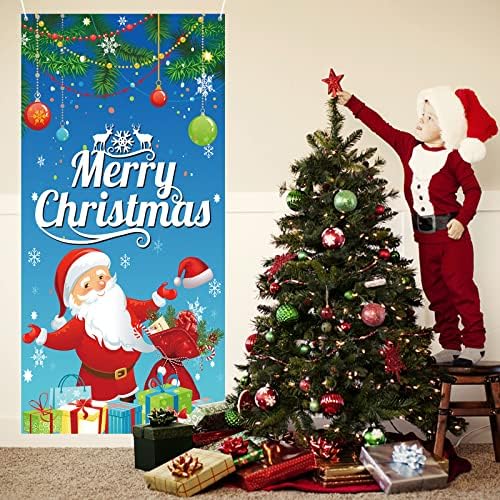 KEPMOV Merry Christmas Kapı Kapağı, Noel Kapı Dekorasyon Afiş, Mavi Santa Noel Afiş Fotoğraf Kabini İşareti Arka Plan