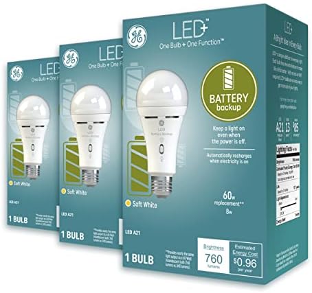 GE LED + Yedek Pil LED Ampul, Şarj Edilebilir Acil Durum Ampulü, A21 Standart Ampuller ve GE Ev Elektriği 4'ü 1 Arada