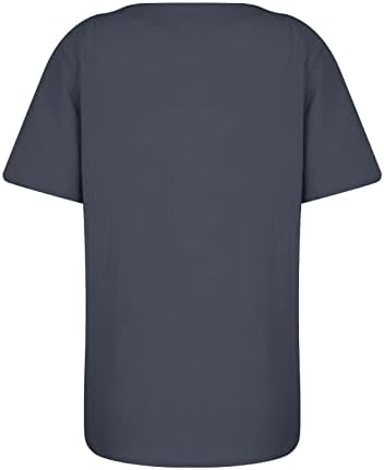 Bayan Casual Kısa Kollu Pamuk Keten Üstleri Düğme Dekorasyon Ekip Boyun Yaz Baskı Katı Kırpma Üst T-Shirt