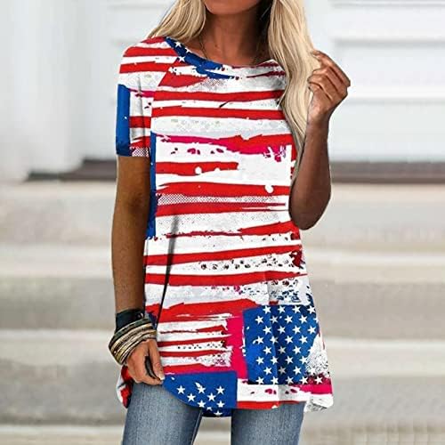 Kadın Amerikan Bayrağı Tunik Üst Yaz Rahat Kısa Kollu Crewneck Baskı Tişörtleri Gevşek Bluz Tops