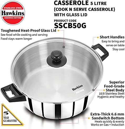 Hawkins 5 Litre Cook n Serve Güveç, Cam Kapaklı Paslanmaz Çelik Tencere, İndüksiyon Tavası, Pişirme ve Servis için