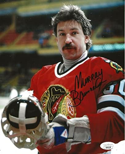 Murray Bannerman imzalı Chicago Blackhawks 8x10 fotoğraf imzalı Şahinler 2 JSA İmzalı NHL Fotoğrafları