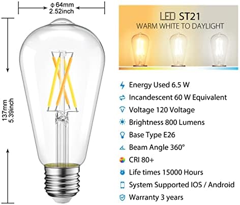 LVWIT WiFi Kısılabilir Vintage LED ST21 Edison Akıllı Ampul, 60 Watt Eşdeğeri, E26 Tabanı, 2700K-6500K, Alexa ile