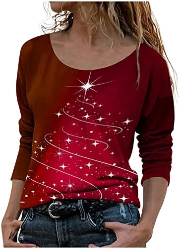 Seksi Sonbahar Kadınlar için Tops Scoop Boyun Merry Christmas Tişörtleri Yumuşak Rahat Uzun Noel Kazak Kadınlar için