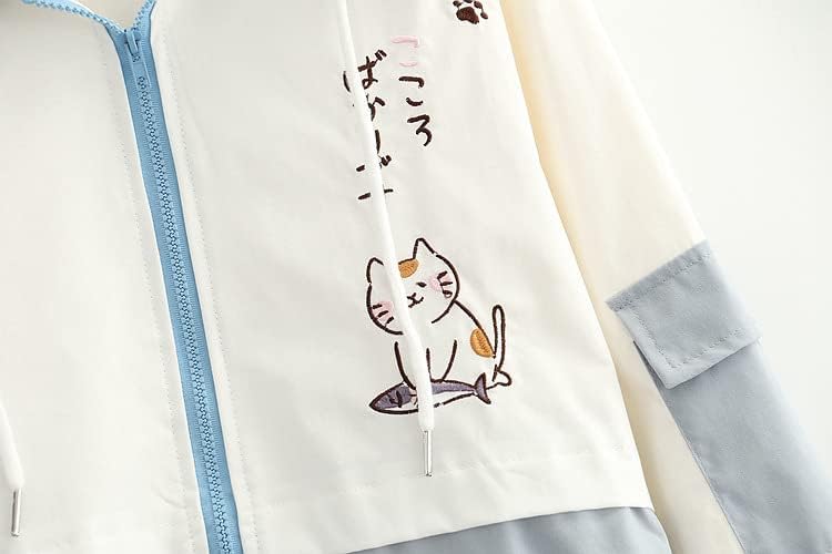 Kadın Kawaii Kedi Hoodie, Sevimli Kız Japon Ceket Kumaş Estetik fermuarlı kapüşonlu svetşört cepli Kış Sonbahar için