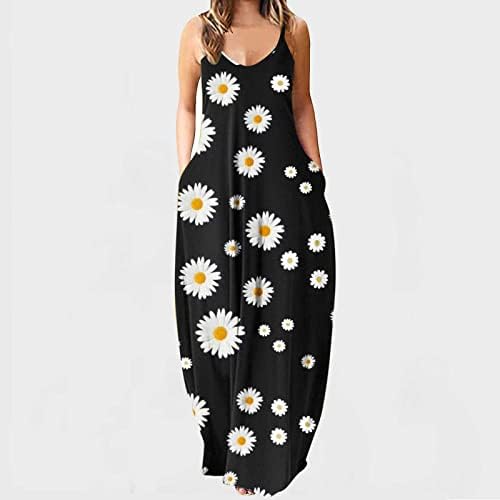 Kadın Yaz Çiçek Uzun Parti Elbise Casual Gevşek Maxi Yensiz Kolsuz Baskı Plaj Elbise Cepler ile