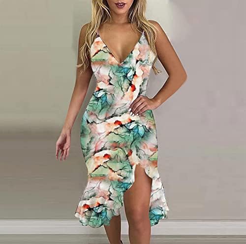 Yaz elbisesi Kadınlar için Rahat Spagetti Kayışı Çiçek V Boyun Kolsuz Bodycon Fırfır Bölünmüş Diz Boyu Plaj Elbise