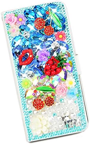 Peri Sanat Kristal Cüzdan Telefon Kılıfı Samsung Galaxy A02 ile uyumlu - Dudaklar Kiraz Çilek-Mavi-3D El Yapımı Glitter